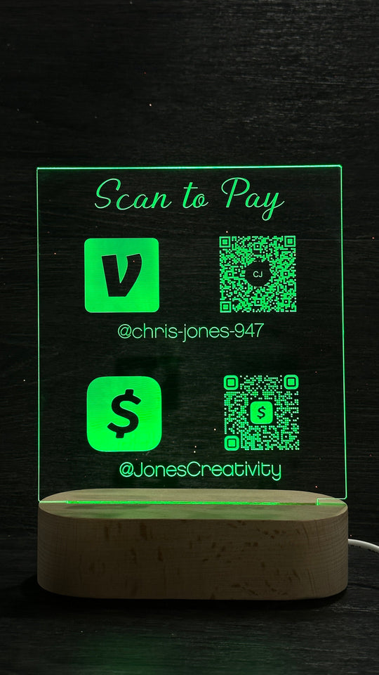 LED QR Code Sign - Scan to Pay Sign With RGB Light Modes & Wood Base