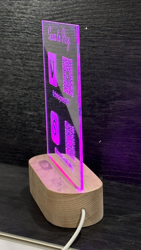 LED QR Code Sign - Scan to Pay Sign With RGB Light Modes & Wood Base