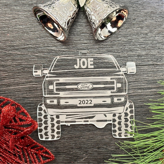 Pickup Truck Ornament - Laser Engraved 4x4 Christmas Tree Decoration with Ribbon