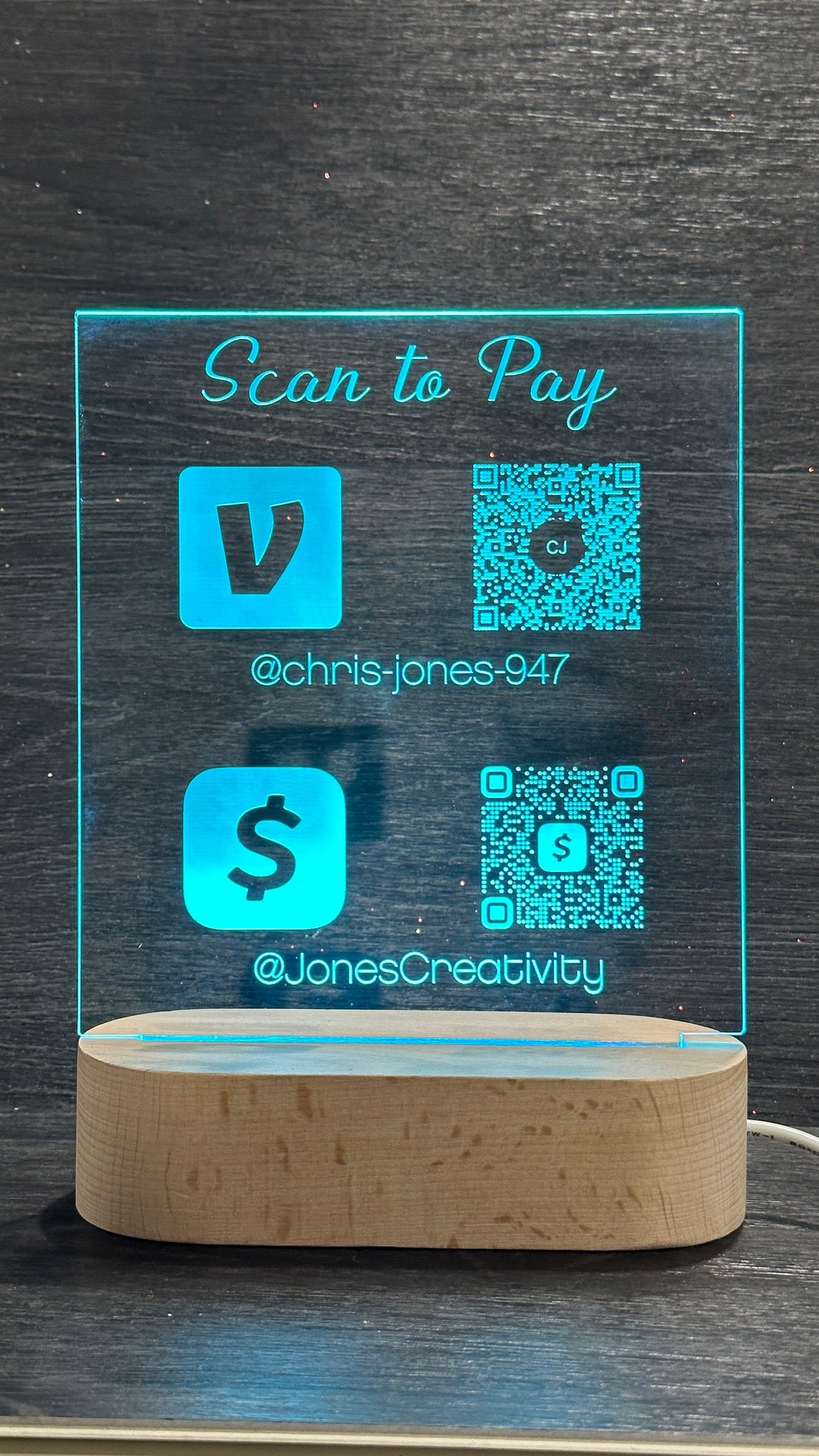 LED QR Code Sign - Scan to Pay Sign With RGB Light Modes & Wood Base