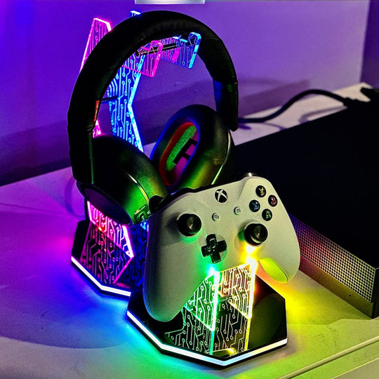 Personalized Headphone Stand - Custom Gamer Gift | RGB LED Controller Holder