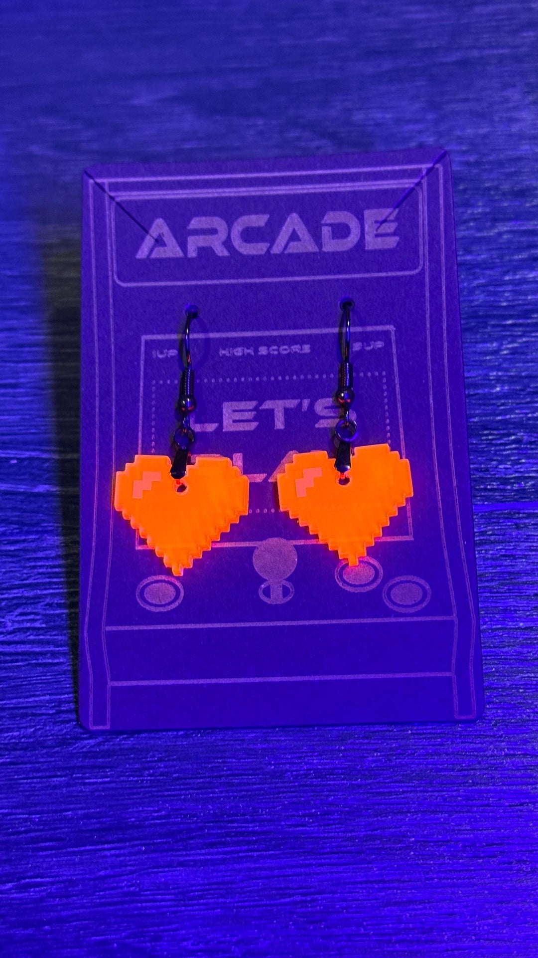 8-Bit Heart Earrings - Retro Arcade UV Reactive Party Jewelry | Hypoallergenic Laser Cut