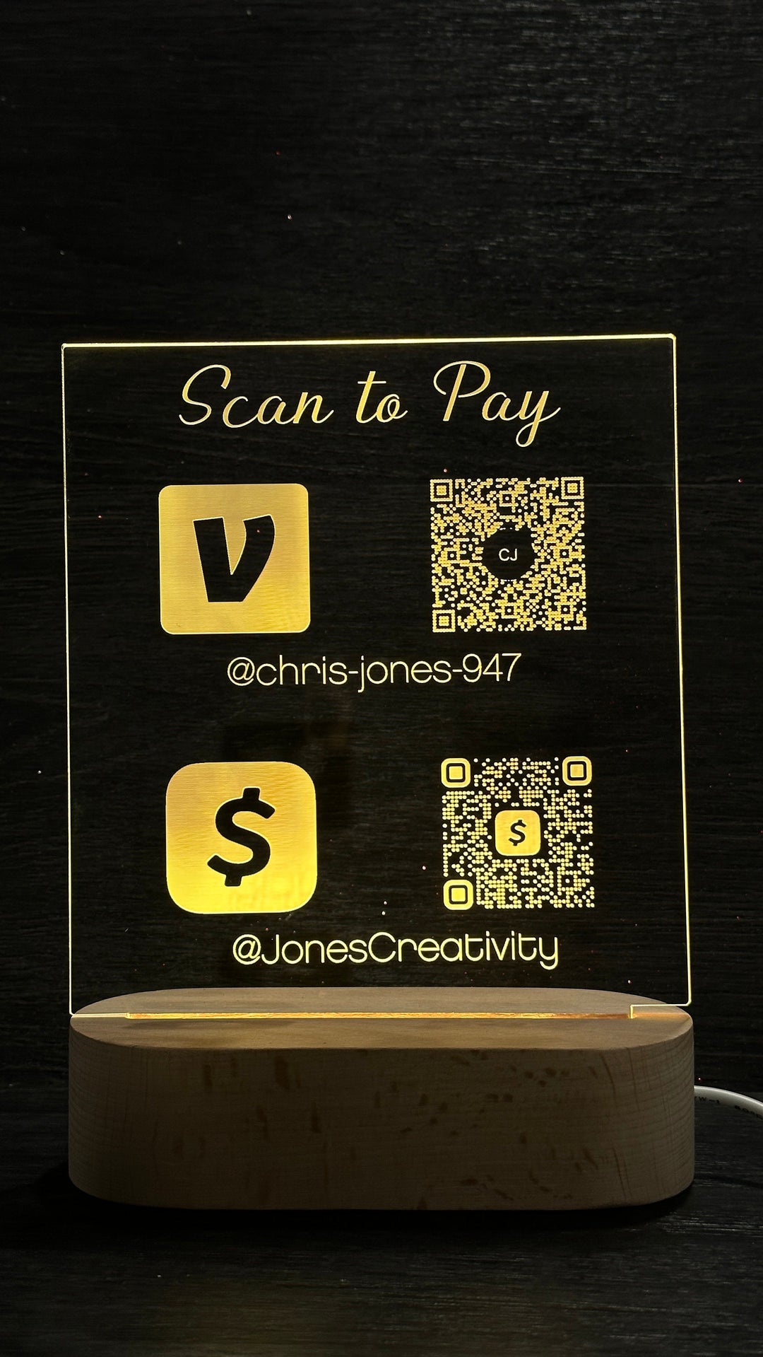 LED QR Code Sign - Scan to Pay Sign With RGB Light Modes & Wood Base
