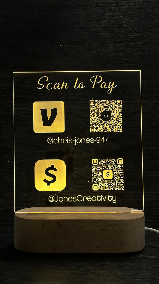 LED QR Code Sign - Scan to Pay Sign With RGB Light Modes & Wood Base