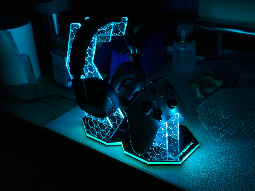 Personalized Headphone Stand - Custom Gamer Gift | RGB LED Controller Holder