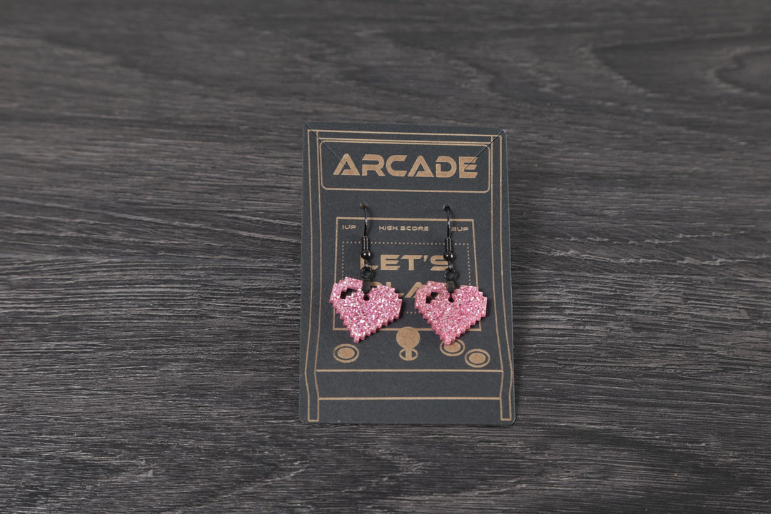 8-Bit Heart Earrings - Retro Arcade UV Reactive Party Jewelry | Hypoallergenic Laser Cut