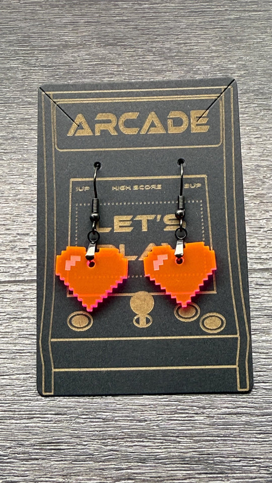8-Bit Heart Earrings - Retro Arcade UV Reactive Party Jewelry | Hypoallergenic Laser Cut