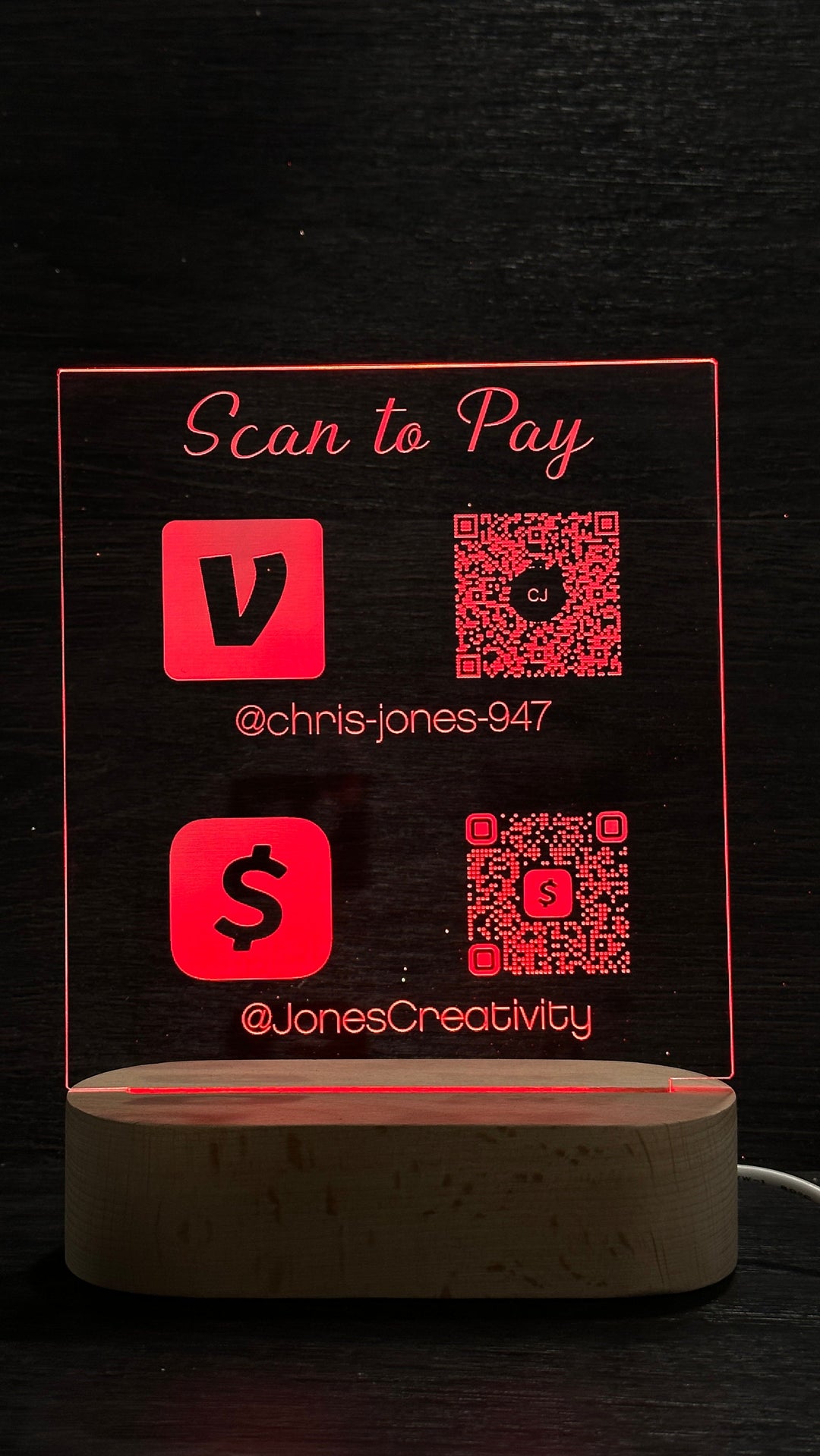 LED QR Code Sign - Scan to Pay Sign With RGB Light Modes & Wood Base