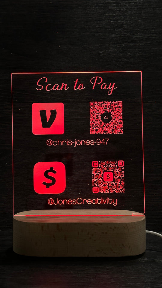 LED QR Code Sign - Scan to Pay Sign With RGB Light Modes & Wood Base