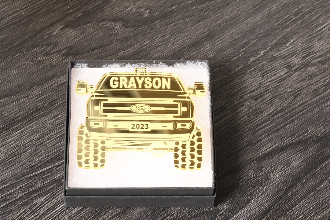 Pickup Truck Ornament - Laser Engraved 4x4 Christmas Tree Decoration with Ribbon