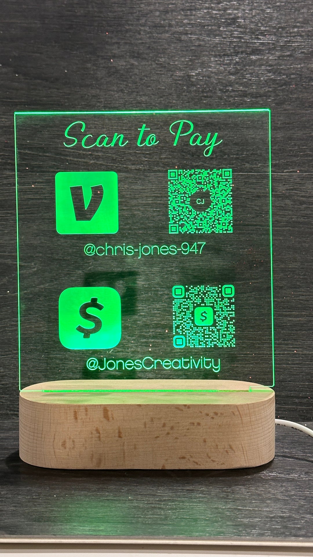 LED QR Code Sign - Scan to Pay Sign With RGB Light Modes & Wood Base