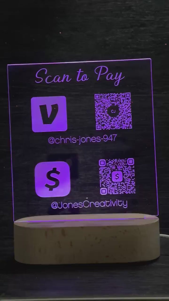 LED QR Code Sign - Scan to Pay Sign With RGB Light Modes & Wood Base
