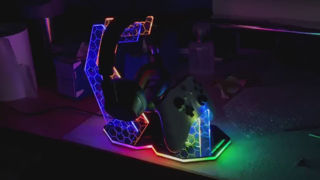 Personalized Headphone Stand - Custom Gamer Gift | RGB LED Controller Holder